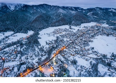 Zakopane Snow Covered Cityscape With Giewont Mount. Drone View.