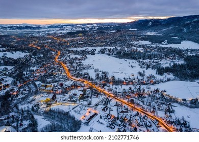 Zakopane Snow Covered Cityscape With Giewont Mount. Drone View.