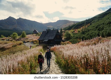 Zakopane/Poland - 29 September 2019: People trekking. Hala Gasienicowa (Valley Gasienicowa) in Tatra mountains in Zakopane, Poland. 