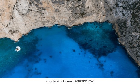 Zakynthos Greece dramatic limestone cliffs rising above deep blue Ionian Sea with rocky shoreline and transparent turquoise water below