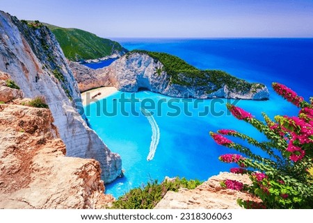 Zakynthos, Greece. Famous Navagio Beach, overhead landscape of Ionian Sea, Greek Islands.