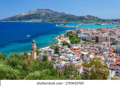 ZAKYNTHOS, GREECE – JULY 21, 2020: Picturesque panoramic landscape of Zakynthos town. Zakynthos island on Ionian Sea is situated on the west of Greece.