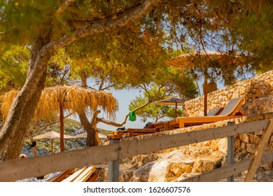 Zakynthos / Greece - june 2019: beach club in a little bay on Zakynthos (Zante, Ionian islands, Greece)