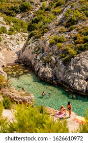 Zakynthos / Greece - june 2019: people relaxing in an little bay on Zakynthos (Zante, Ionian Islands, Greece)