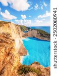 Zakynthos, Greece. Navagio Beach with wrecked ship in Ionian Sea. Beautiful views of azure sea water and nature with cliffs cave.