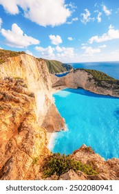 Zakynthos, Greece. Navagio Beach with wrecked ship in Ionian Sea. Beautiful views of azure sea water and nature with cliffs cave.