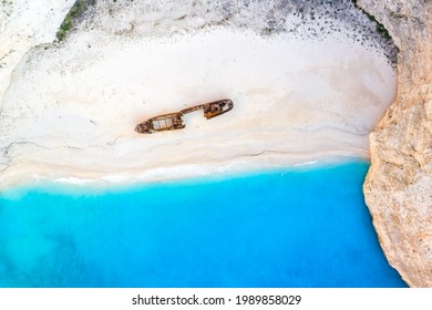 Zakynthos island Greece shipwreck Navagio beach travel vacation background drone view aerial photo tourism