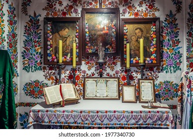 Zalipie, Poland - May 13, 2018: St Joseph Church In Zalipie Village, Known For A Custom Of Painting Buildings With Floral Motifs