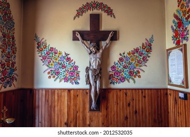 Zalipie, Poland - May 13, 2018: St Joseph Church In Zalipie Village, Known For A Custom Of Painting Buildings With Decorative Motifs