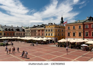 ZAMOSC, POLAND -  8 JUL: Daily Life In Zamosc On JUL 8, 2018. Center Of The Old Town In Zamosc