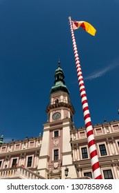 ZAMOSC, POLAND -  8 JUL: Daily Life In Zamosc On JUL 8, 2018. Town Hall At The Center Of The Old Town In Zamosc