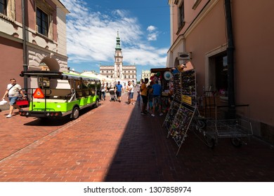 ZAMOSC, POLAND -  8 JUL: Daily Life In Zamosc On JUL 8, 2018. Town Hall At The Center Of The Old Town In Zamosc