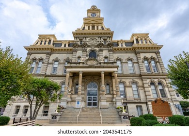 Zanesville, OH - Sept. 8, 2021: The Muskingum County Courthouse is a historic building designed by T.B. Townsend and H. E. Myer, built in 1877 in the Second Empire architecture style.