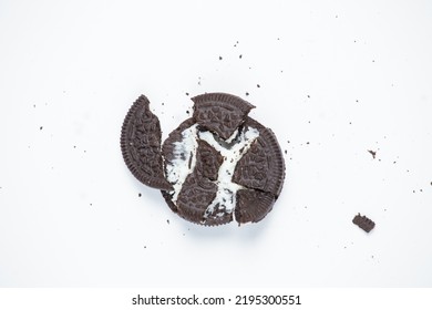 Zaporizhia Ukraine - July 20, 2022: Crushed Oreo Cookies On A White Background. Top View