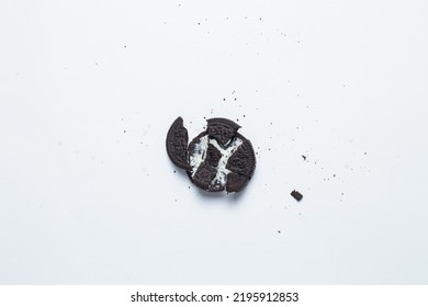 Zaporizhia Ukraine - July 20, 2022: Crushed Oreo Cookies On A White Background. Top View