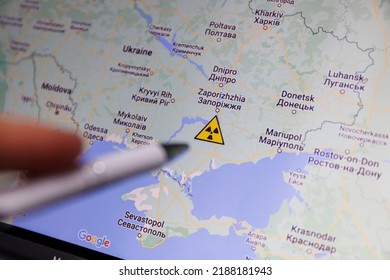 Zaporizhzhia nuclear power plant on map. The danger of nuclear leak and radiation. War in Ukraine