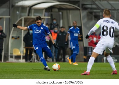 ZAPORIZHZHIA, UKRAINE - DECEMBER 03, 2020:  Harvey Barnes. The Football Match Of Group G Of UEFA Europa League FC Zorya Luhansk Vs Leicester City FC