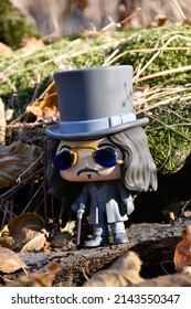 Zaporizhzhia, Ukraine - October 30, 2021: Illustrative editorial of Funko Pop action figure of Bram Stoker's Dracula (prince Vlad). Vinyl toy in autumn forest among fallen leaves and green moss.