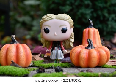 Zaporizhzhia, Ukraine - October 4, 2022: Funko Pop Vinyl Action Figure Of Alice In Wonderland From Tim Burton Movie. Green Moss, Fabulous Autumn Garden, Fallen Leaves, Halloween Pumpkins Decorations.