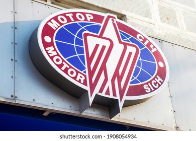 Zaporozhye, Ukraine - February 2, 2021: Motor Sich Logo On A Company Building. Motor Sich - Ukrainian Aircraft Engine Plant.