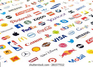 ZAPOROZHYE, UKRAINE - MAY 26, 2015: Photo of a logotype collection of well-known world brand's printed on paper. Include Coca-Cola, Canon, McDonald's, Twitter, Apple and more others logo.