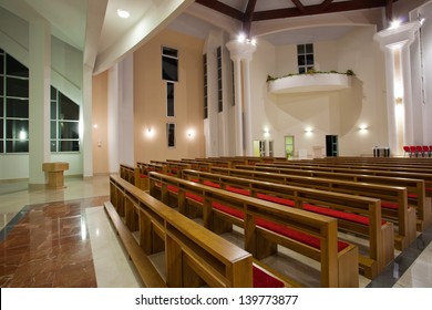 ZAPRESIC, CROATIA - MAY 21: Modern Zapresic church interior on May 21, 2013 in Zapresic, Croatia. The church was being built for 20 years and was consecrated on May 26. - Shutterstock ID 139773877