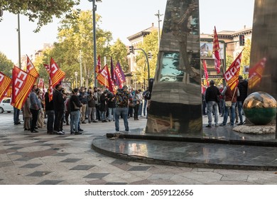 Zaragoza, Aragon, Spain - October 13 2021. Crowd Of Laborers With CGIL Flags During Italian General Confederation Of Labour Protest. Wide