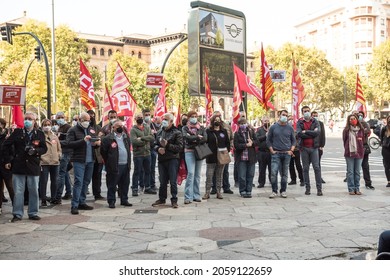 Zaragoza, Aragon, Spain - October 13 2021. Crowd Of Laborers With CGIL Flags During Italian General Confederation Of Labour Protest.