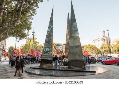 Zaragoza, Aragon, Spain - October 13 2021. Crowd Of Laborers With CGIL Flags During Italian General Confederation Of Labour Protest.