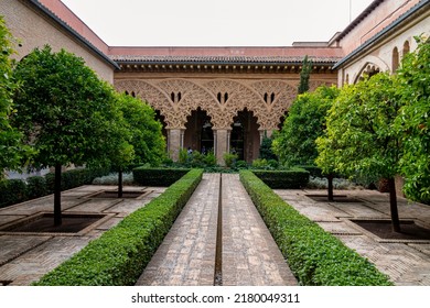 ZARAGOZA, SPAIN - 11 SEPTEMBER 2019: Interior of the famous Aljaferia Palace or Palacio de la Aljaferia Islamic mauritian fortress in Zaragoza, Aragon