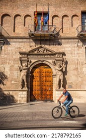 Zaragoza, Spain - July 2018: Massive entrance door in the Cathedral-Basilica of Our Lady of the Pillar on sunny day,  Roman Catholic church in the city of Zaragoza, Aragon 