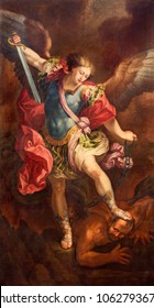 ZARAGOZA, SPAIN - MARCH 2, 2018: The painting of Michael Archangel in church Iglesia de la Exaltación de la Santa Cruz by Manuel Eraso (after Guido Reni in Rome) from 18. cent.