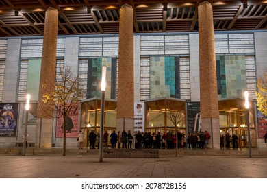 ZARAGOZA, SPAIN, November 21, 2021: People Lining Up To Access The City's Auditorium To See The Concert Of Its Extensive Lineup Of Cultural Events.