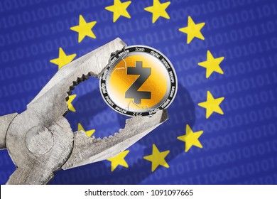 Zcash (ZEC) coin in a vice under pressure on European Union (EU) flag background. Prohibition of Zcash cryptocurrency; regulations; restrictions or security
