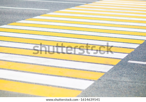 Zebra crossing painted on the\
asphalt, detail of a signal circulation, traffic information for\
pedestrians and drivers, security in concrete jungle\
concept