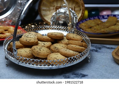 Zeera Or Cumin Seed Butter Biscuits Shot On A Beautiful Traditional Silver Dish