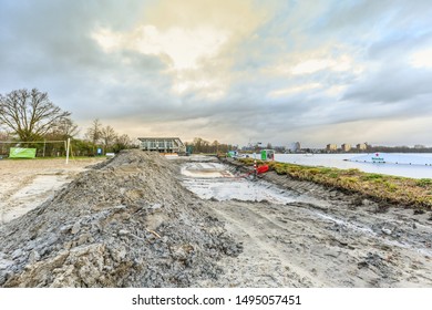 Zegerplas, Wet'n Wild, Alphen Aan Den Rijn, South Holland, Netherlands, March 19 2019: Remediation Of Contaminated Soil And Restoration Of Water Bottom, Outdoor Swimming Pool And Sandy Beach