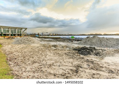 Zegerplas, Wet'n Wild, Alphen Aan Den Rijn, South Holland, Netherlands, March 19 2019: Remediation Of Contaminated Soil And Restoration Of Water Bottom, Outdoor Swimming Pool And Sandy Beach