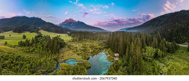 Zelenci Springs Sunset Sunrise In Slovenia NAture Reserve Aerial Panoramic View.