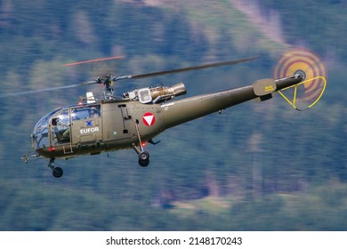 Zeltweg, Austria - 09.03.2016: Austrian Air Force Alluette III Helicopter Departing For A Rescue Mission In The Mountains