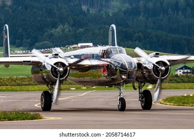 Zeltweg, Austria - June 28, 2013: Old timer warbird at air base. Aviation and aircraft. Air defense. Military industry. Fly and flying.
