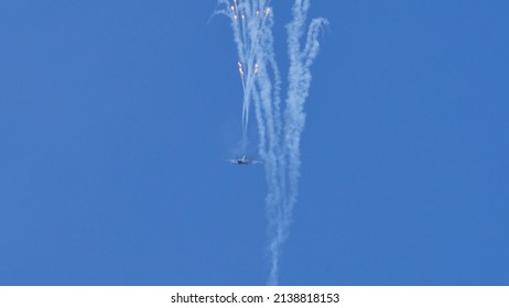 Zeltweg Austria SEPTEMBER, 3, 2016 Fighter Jet Combat Military Aircraft Releases Flares Against Infra Red Guided Missiles. Mikoyan MiG29 Fulcrum Of Polish Air Force. Copy Space.