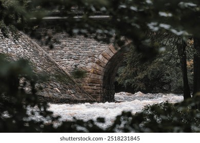 Zemska Brana, old stone bridge over the river Divoka orlice in the valley of the Orlicke mountains. Early Autumn scenery with  trees, stones and wild river after heavy rain. - Powered by Shutterstock