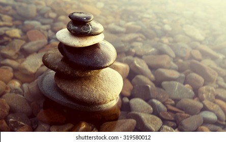 Zen Balance Rocks Pebbles Covered Water Concept