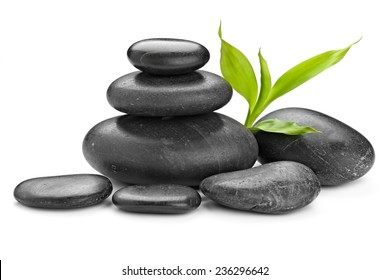 Zen Basalt Stones And Bamboo Isolated On White