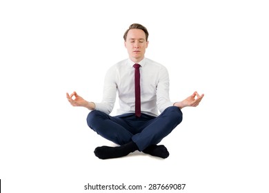 Zen Businessman Meditating In Yoga Pose On White Background