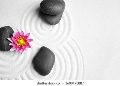 Zen Garden. Beautiful Lotus Flower And Stones On White Sand, Flat Lay