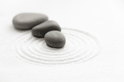  Zen Garden With Grey Stone On White Sand Line Texture Background, Top View Black Rock Sea Stone On Sand Wave Parallel Lines Pattern In Japanese Stye, Simplicity Day, Meditation,Zen Like Concept

