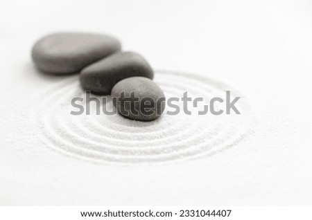  Zen Garden with Grey Stone on White Sand Line Texture Background, Top View Black Rock Sea Stone on Sand Wave Parallel Lines Pattern in Japanese stye, Simplicity Day, Meditation,Zen like concept

