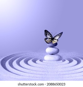 Zen garden meditation stone for concentration and relaxation with butterfly. Very peri colour 2022.